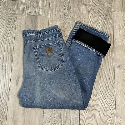 Carhartt Jeans Mens  Fleece Lined Denim Work Pants Distressed Measures 36x29 • $25