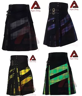 Scottish Hybrid Utility KILT Men's Black Cotton & Tartan Under Pleated Kilts • $71.25