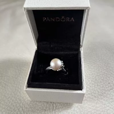 PANDORA Garden Odyssey White Real Pearl Black Cubic Zirconia Ring Sz 50 / J- K • £15