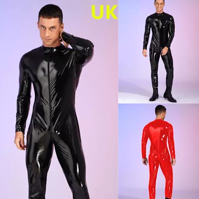 Men's Patent Leather Jumpsuit Wet Look Zipper Up Bodysuit Nightclub Catsuit Sexy • £11.99