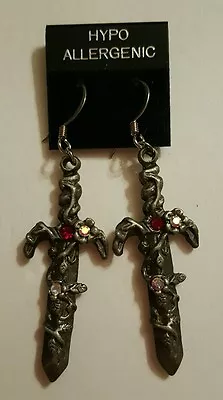 Medieval Pewter Sword Dagger Wire Earrings W/Crystal Accents Sunglo  • $9.99