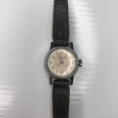 X10 US Time Cinderella Chrome Silver Brown Leather Ladies Vtg Watch Not Winding • $4.75