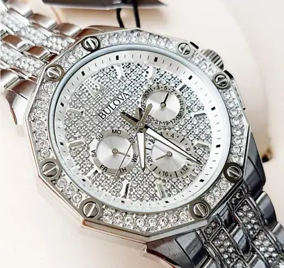 Bulova Octava Crystal Six Hand Silver White Dial Dress Men's Watch 96C134 • $310