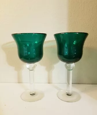 Vintage Wine Glasses Set Of 2 Emerald Goblets Midcentury Stem Drinkware... • $19.50