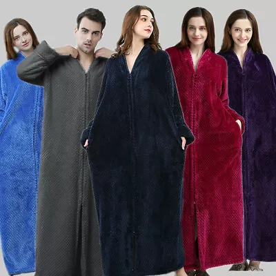 Ladies Men's Dressing Gown Soft Long Fleece Bath Robe Fleece Zip Robe House Coat • £28.79