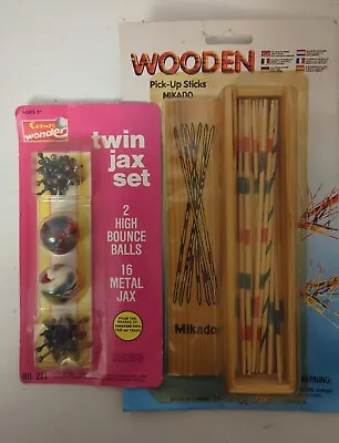 Vtg 1980 Chemtoy Twin Jax & Ball Set 16 Metal Jacks + Wooden Pick Up Sticks NEW • $12.50