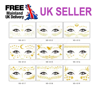 Face Adhesive Gold Glitter Tattoo Sticker Festival Rave Party Body Makeup • £2.59