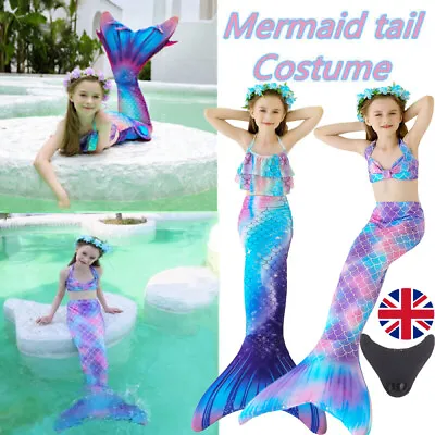 Kids Swimmable Mermaid Tail Set Swimming Costumes Cospaly Bathing Suit Beachwear • £10.82