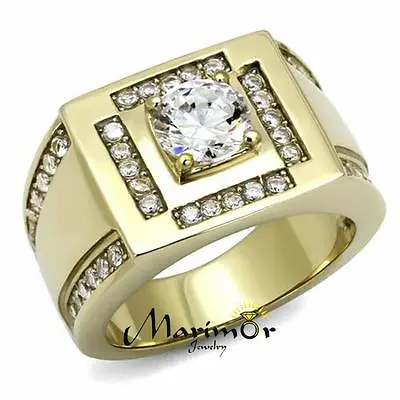 Men's 1.8 Ct Round Cut Cz 14K Gold Plated Stainless Steel Fashion Ring Size 8-13 • $21.88