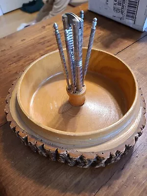 $25 • Buy Vintage Nut Cracker & Picks Set-Wood-Like Log Bark Bowl Dish-Tree Trunk Wood