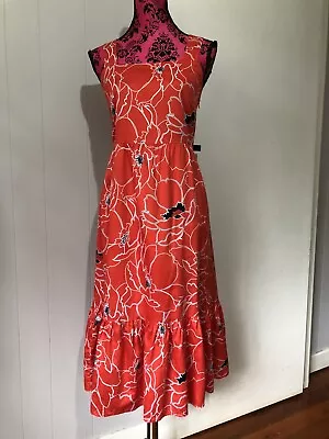 Veronika Maine 14 Dress By Cue A Line Midi Red Floral Gathered Hem 100% Cotton • $75