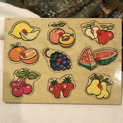 $6.88 • Buy Wooden Puzzle Of Fruit  Lift & Learn Pegs In Excellent Condition For Preschool