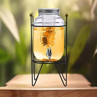 4L Glass Vintage Beverage Drinks Dispenser On Metal Stand Cocktail Jar With Tap • £15.85