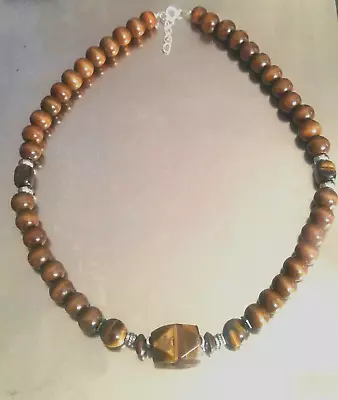 Natural Tiger Eye's Stone And Wood 10mm Beaded Mens Necklace 18  USA Seller • $9