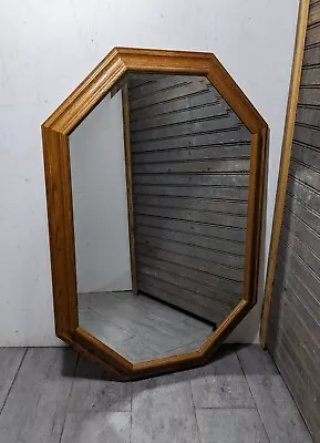 Vintage Mid Century Rustic Octagonal Oak Wood Wall Mirror With Beveled Glass • $148.50