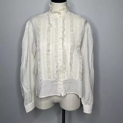 Vintage Blouse Womens 8 Beige Victorian Ruffle Lace Shirt Secretary Office Flaws • $25