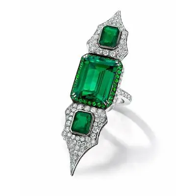 Modern Art Deco Royal Style Three Colombian Emeralds With Sparkling CZ Rare Ring • $350