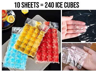240 X Ice Cube 10 Sheets Clear Disposable Ice Bag 4 Fridge Freezer Plastic Cubes • £2.93