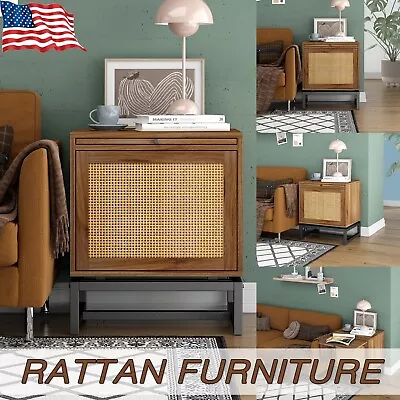 Nightstand Rattan Door Mid-Century End Table Accent Sofa Side Table Small Spaces • $119.99