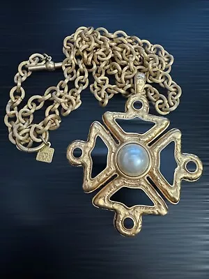 Vintage Anne Klein Maltese Cross Necklace Faux Pearl Black Enamel Gold Toggle • $80