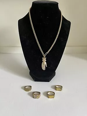 Golden Colored French Hand Necklace/Vintage Jewelry & 4 Unmarked  Rings • $25.99