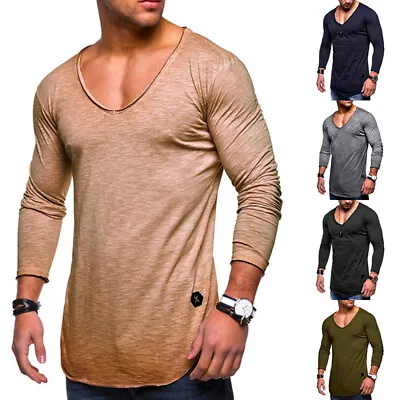 $11.80 • Buy Men Solid V Neck  Long Sleeve Tunic T-Shirt Pullover  Casual Fitness Tops Tees Y