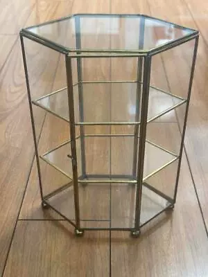 Vintage Brass Glass Curio Cabinet W/ Shelf Door Clip Hexagon Display Case • $45.99