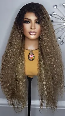 New Extra Long Curly Big Hair Deep Wave Lace Front Wig Brown & Blonde Highlights • $55.99