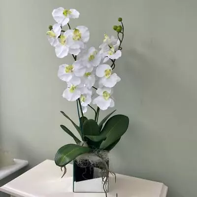 2 Stem Artificial Silk Flower Arrangement Orchid Potted Plant Mirror Cube Vase • £35