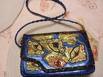 Vtg Genuine Leather Hand Tooled And Painted Blue/green Shoulder Strap Purse • $9.99