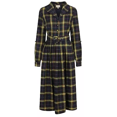 Tartan Shirt Dress Lindy Bop Navy Green Plaid Checked Tweed Vintage Midi BNWT • £25.49