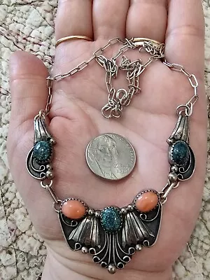 VTG Navajo Spiderweb Turquoise Spiny Oyster & Sterling Squash Blossom Necklace • $96.83