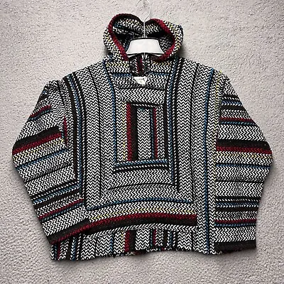 Baja Joe Hoodie Mens Small Gray Blue Striped Mexican Blanket Hippie Drug Rug • $10.77