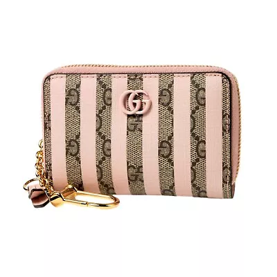 Gucci GG Monogram Canvas Pink Stripes Zip Around Compact Wallet • $562.50