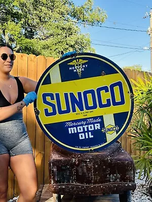 Large Porcelain Sunoco Motor Oil  Advertising Sign 30 In • $41