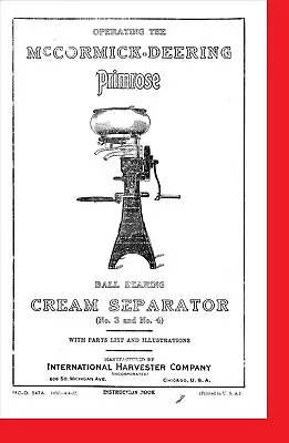 IH International McCormick-Deering Cream Separator Primrose No 3 4 Owners Manual • $21