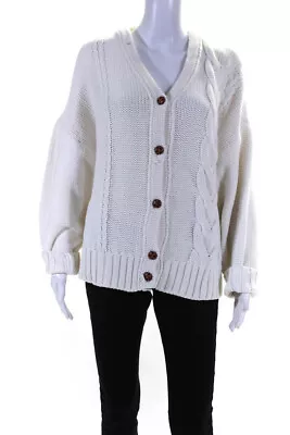 Staud Womens Button Front Crochet Knit Oversized Sweater White Cotton Size Large • $48.79