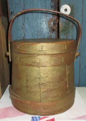 Sm. Antique Primitive Wood Sugar Firkin Bucket & Lid With Light Gold Paint Wash • $69.99