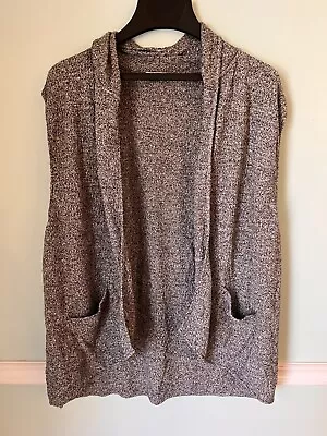 MARGARET WINTERS L Black White Speckled Open Vest Pockets Knit Lagenlook • $18