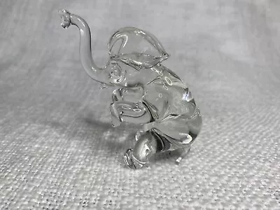 VINTAGE 3” Clear Hand Blown Glass Elephant Miniature Figurine Trunk Up • $9.99