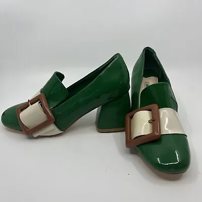 Miu Miu Green & White Patent Leather Loafer Slip On Heels Shoes 35 Buckle Italy • £141.57