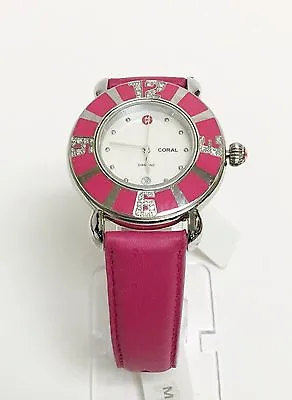 New Michele Hot Pink+silver Toneleather Banddiamondsmopwatch Mw14b01f5025 • $749.99