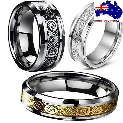 Fashion Men's Silver Gold Black Celtic Dragon Stainless Steel Wedding Band Ring • $7.95