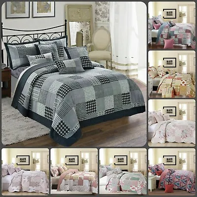 £29.99 • Buy 3Pcs Printed Patchwork Quilted Bedspread With Pillow Shams Bedding Set All Size