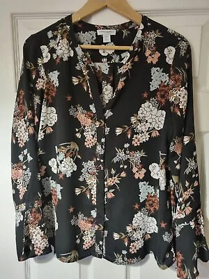 £6.99 • Buy Carolina Belle - Medium - Voile Shirt Blouse Flowers On Black Asymmetrical Hem 