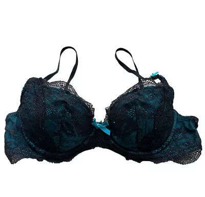 Elle Macpherson Intimates Black  Lace And  Aqua Blue  Balconette Women’s Bra 34B • $18