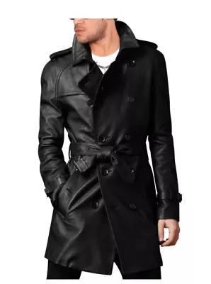 Men's Stylish Belted Black Jacket/long Coat Leather Trench Coat Pea Coat • $160