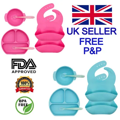 Silicone Suction Baby Toddler Dinner Feeding Set - Plate Bowl Bibs & Spoons Pink • £10.99