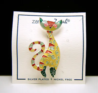 Cute Vintage Zarlite By Zarah Enamel Cat Brooch Origianl Card Silver Plated • $39.99