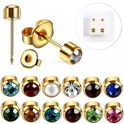 Women Girls Kids 4mm 18K Gold Plated Surgical Steel Birthstones Stud Earrings • £2.99